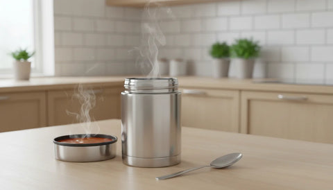 Termomadkasse i rustfrit stål med dampende varm suppe på et køkkenbord