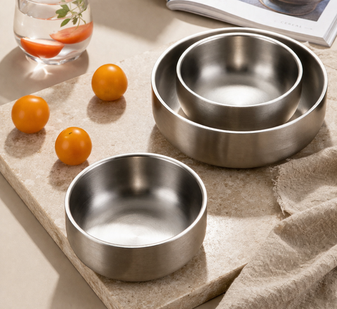 Skål- og Tallerkensæt i Rustfrit Stål - 2 skåle og 1 tallerken