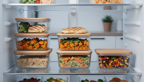 Glasbeholdere med låg til meal prep stablet med flere portioner mad i køleskabet