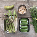 Bento Medium+ 1 i rustfrit stål 18/8 med asparges, agurk og hvidløg fra Yummii Yummii