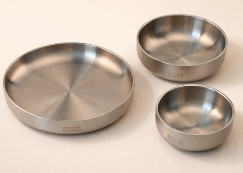 Skål- og Tallerkensæt i Rustfrit Stål - 2 skåle og 1 tallerken