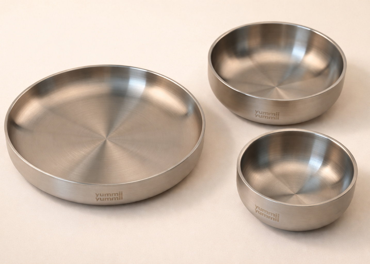 Skål- og Tallerkensæt i Rustfrit Stål - 2 skåle og 1 tallerken